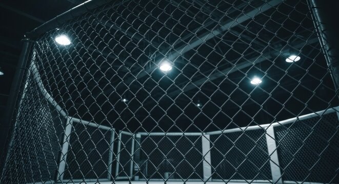 Low-angle shot of an empty, metal octagon cage lit by overhead lights. Dark blue tones