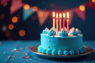 Elegant blue birthday cake, lit candles, festive message , smooth, special