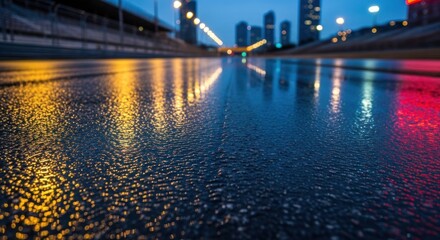 Low-angle view of wet asphalt reflecting city lights at dusk, creating vibrant reflections