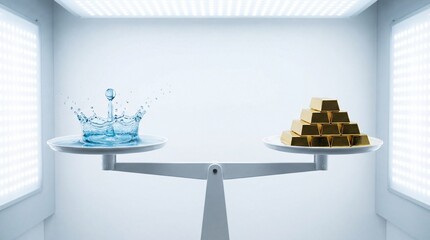 Balance of precious resources water and gold displayed on a weighing scale, symbolizing value comparison