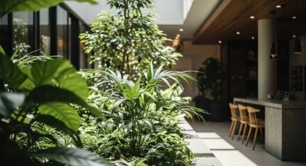 Lush interior garden with architectural elements, natural light, and a minimalist bar