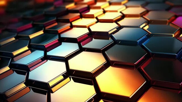 Colorful hexagons fill the frame as light shifts and changes colors. The patterns create a vibrant display in a bright area during daytime hours.