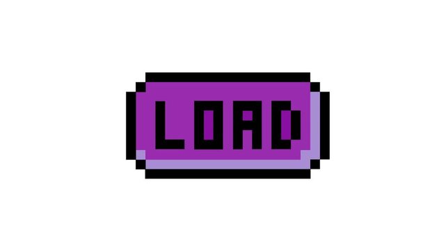A vibrant purple pixel art button displaying the word 'LOAD', ideal for retro gaming interfaces, vintage digital assets, and interactive design projects