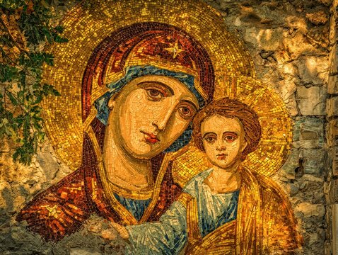 Virgin Mary and Child mosaic, ancient golden tesserae on stone wall, sacred orthodox religious art