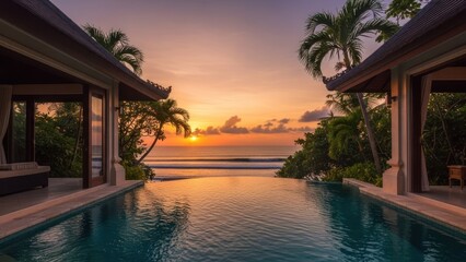 Luxury villa's infinity pool reflecting vibrant sunset over calm ocean. Tropical foliage frames view