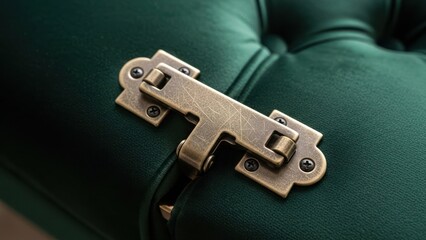 Macro shot of a tarnished brass clasp on a tufted, dark green velvet cushion