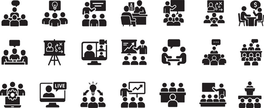   Conference and meeting icon set for business training, team brainstorm, seminar and interview, vector EPS.