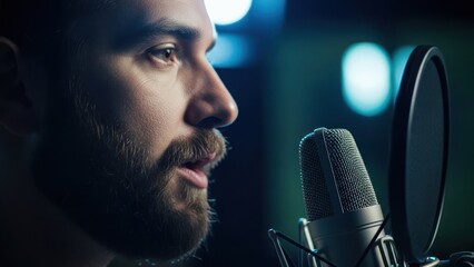 Man with beard recording vocals in a dimly lit studio, close-up with microphone and pop filter