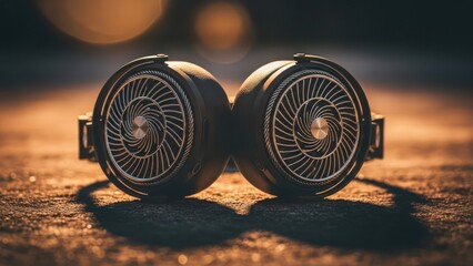 Metallic headphones with intricate grill design casting a shadow on a textured surface