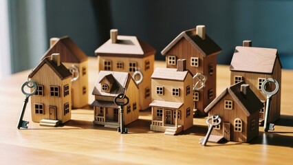 Miniature wooden houses with keys on a wooden table, suggesting real estate