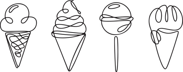 Abstract ice cream cones, lollipop continuous one line drawing set isolated.one line icon illustration in white Background.