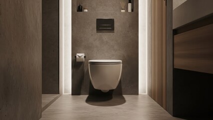 Modern bathroom with wall-mounted toilet, illuminated accent, and minimalist design