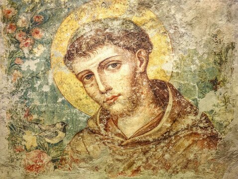 Saint Francis portrait, medieval style fresco, weathered wall texture