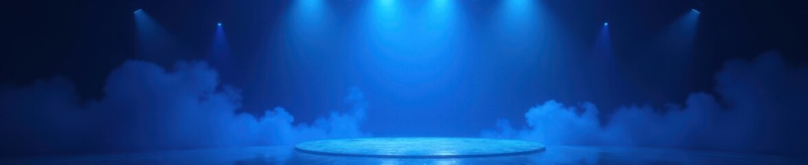 Empty stage bathed in blue spotlight, swirling smoke, anticipation, dramatic
