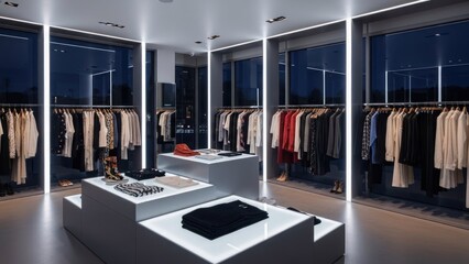 Modern clothing boutique interior at dusk, featuring clothing racks and display platforms
