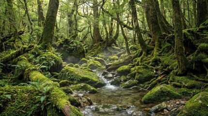 Fototapeta premium Lush Green Forest with Moss Covered Rocks and a Small Stream Bathed in Soft Sunlight