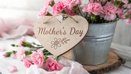 Rustic metal bucket overflowing with vibrant pink carnation flowers featuring engraved wooden heart tag with happy mothers day text hanging by jute twine on weathered timber surface.