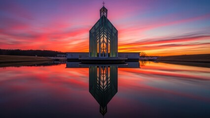 Modern glass chapel reflects in tranquil lake under vivid sunset, creating symmetry