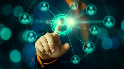 Fototapeta premium Human Resources Network Concept with Businessman Touching Digital Person Icon for Recruitment and Leadership
