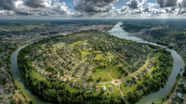 High quality microstock video shows aerial view of a green park surrounded by water and buildings during daytime with dynamic cloud formations overhead