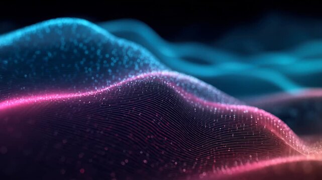 Colorful abstract digital waves with glowing particles moving in different patterns across four sections on a dark background