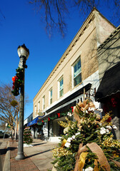 Shops in downtown Fuquay-Varina North Carolina decorated for the Christmas holiday