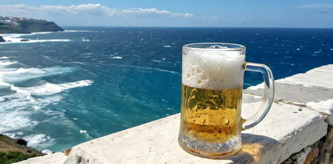 Large glass mug containing light golden lager with thick white frothy foam stands on white stone balcony railing against backdrop of blue sea waves under bright summer sky.
