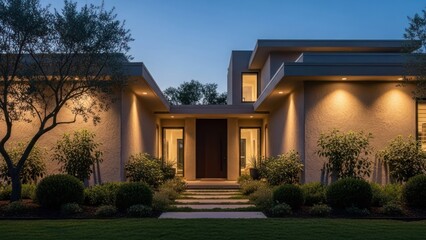 Modern home exterior at dusk, warmly lit, with landscaping and an inviting entrance