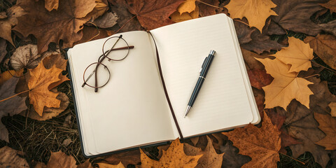 Top view flat lay of vintage rangefinder film camera blank open spiral notebook round glasses and black pen nestled among vibrant yellow and orange autumn maple leaves on rustic wooden surface.