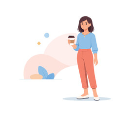 Woman holding coffee cup in casual attire, flat vector illustration