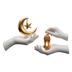 Golden Crescent Moon Star and Ornate Lantern with White Hands Render