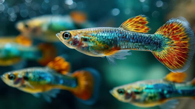 Colorful guppy fish swimming in a freshwater aquarium during daylight hours showcasing their vibrant patterns and playful movements in a lively aquatic environment