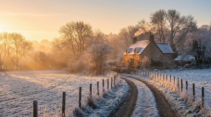 Idyllic Winter Sunrise Over A Snow Covered Rural Landscape With A Cozy Stone Cottage And A Winding Dirt Path Leading Towards The Warmly Lit