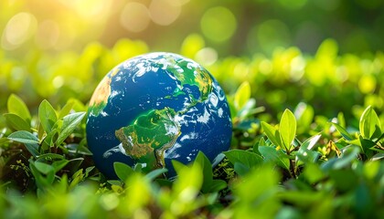 Earth globe resting on lush green leaves in bright sunlight.