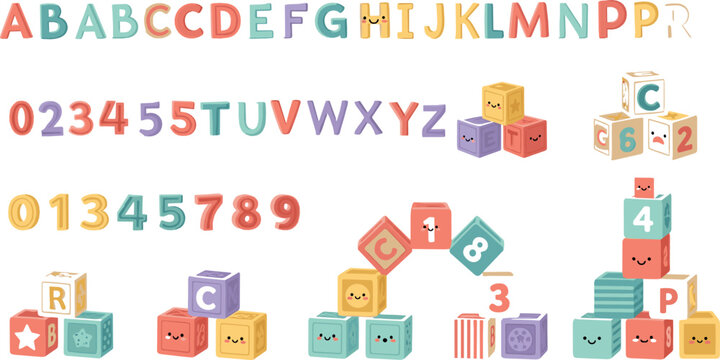 Colorful alphabet letters and numbers toy blocks set, playful educational elements for kids learning, preschool typography and early education concept, flat vector illustration