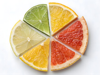 assorted citrus fruit segments including ruby red grapefruit orange and yellow lemon wedges arranged in circular composition on white textured fabric background