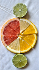 Assorted citrus fruit slices including red grapefruit orange and lemon wedges arranged in circular composition flanked by green lime halves on white fabric background