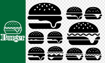 Black and white burger icons and illustrations on a green background