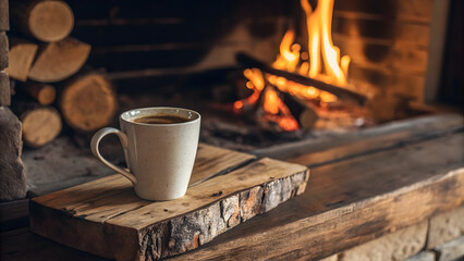 White ceramic coffee mug filled with espresso sits atop weathered rustic wooden board positioned before warm glowing brick fireplace containing burning logs during cozy winter evening.