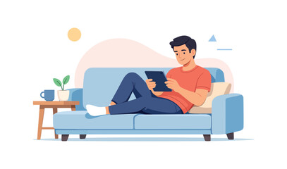 Obraz premium Man relaxing on sofa with tablet, flat vector illustration