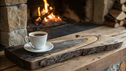 White ceramic coffee cup on saucer rests upon textured live edge wooden plank before warm crackling stone fireplace during cozy domestic winter evening.