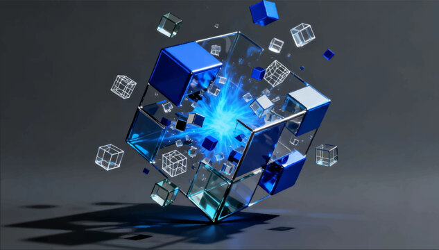 A vector 3D illustration depicting the deconstruction of a technological cube that breaks down into smaller pieces.