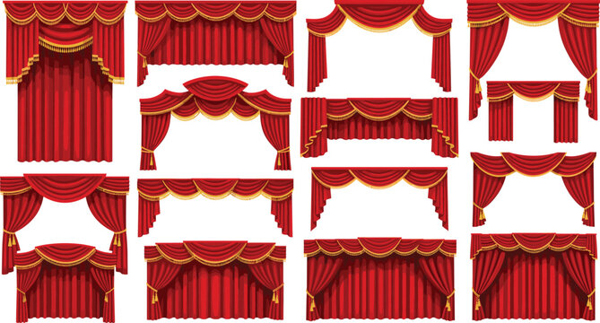 Theater Stage Curtain Illustration Set Featuring Red Drapes, Valances, and Decorative Drapery for Show, Cinema, and Performance Design