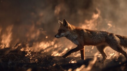 Fototapeta premium Fox walks through burning grass during wildfire on a dry evening in a forest setting