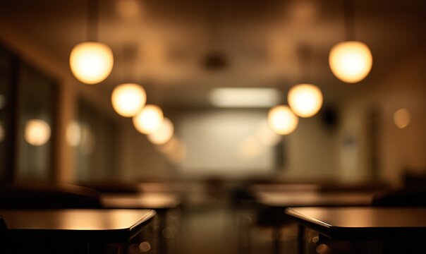 A blurred background of a classroom with a projector screen and a row of desks