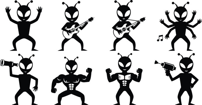 Funny alien silhouette characters set showing music, dancing, strength, and activities, cartoon extraterrestrial figures isolated on white background