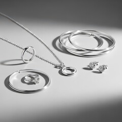 A stunning display of minimalist sterling silver jewelry accessories, reflecting light beautifully on a soft background surface, polished, minimalist, earrings