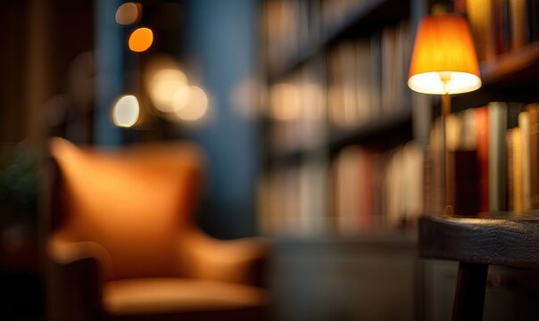 A blurry image of a chair is in front of a table with a lamp on it