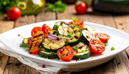 Delicious Grilled Zucchini and Cherry Tomato Salad with Red Onion.