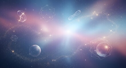 Naklejka premium Cosmic nebula with geometric wireframe shapes and star light